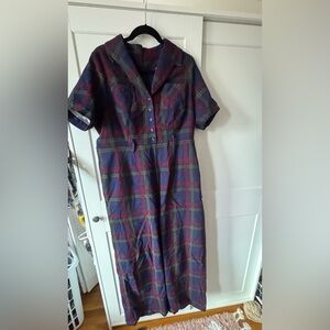Collectif Navy Plaid Jumpsuit with Red & Green Trim